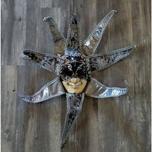 NEW! TOOMEY'S Mardi Gras HANDMADE JESTER Mask Full Face Black Silver Party